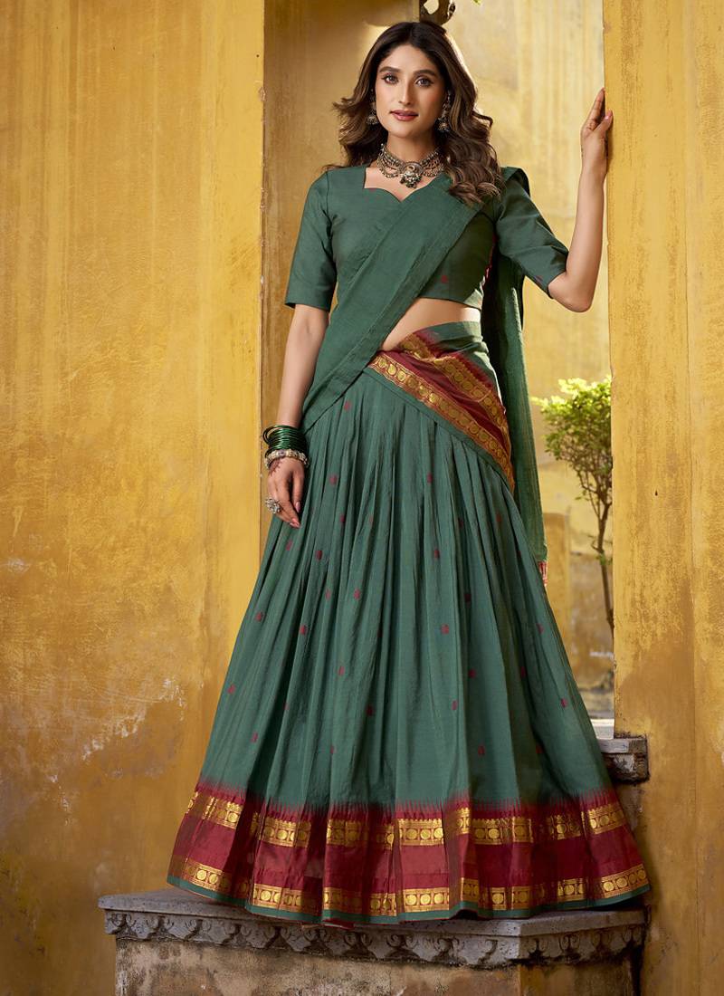teal woven chanderi ethnic lehenga choli with dupatta