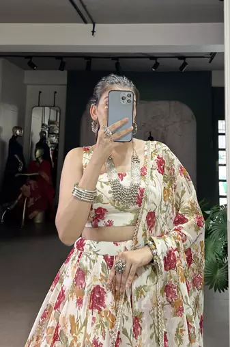 white printed chiffon ethnic lehenga choli with dupatta
