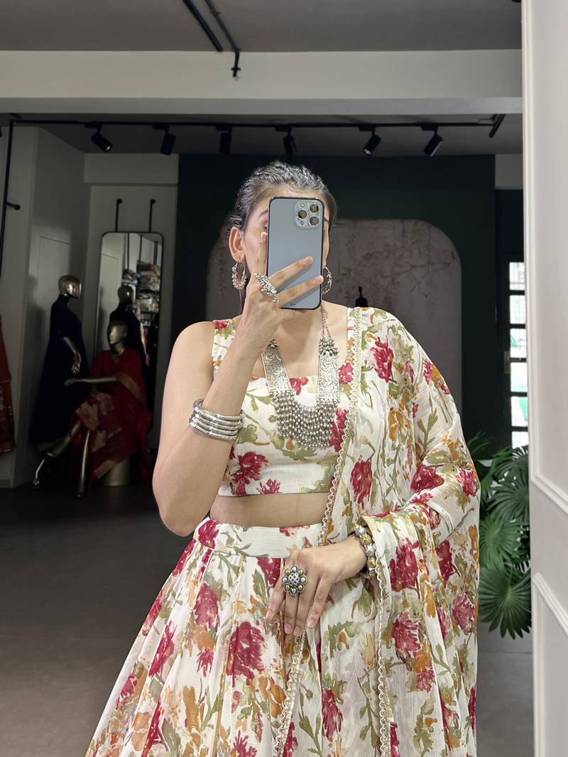 white printed chiffon ethnic lehenga choli with dupatta