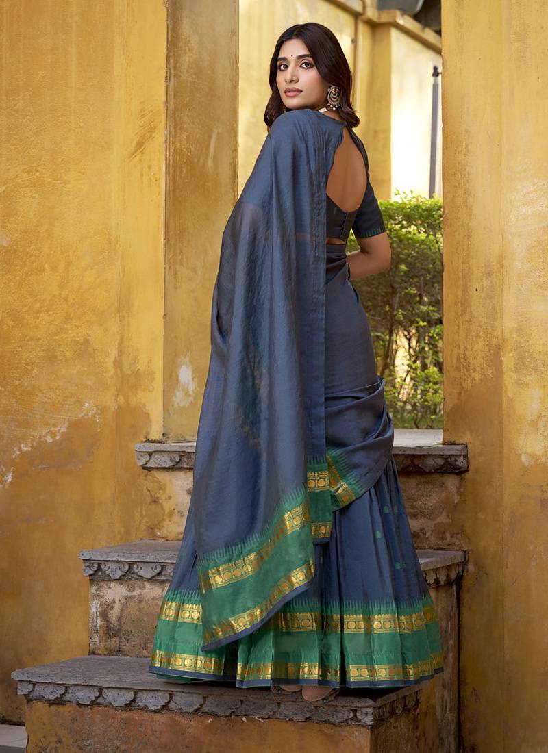 navy blue woven chanderi ethnic lehenga choli with dupatta