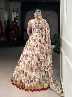 white printed chiffon ethnic lehenga choli with dupatta 1