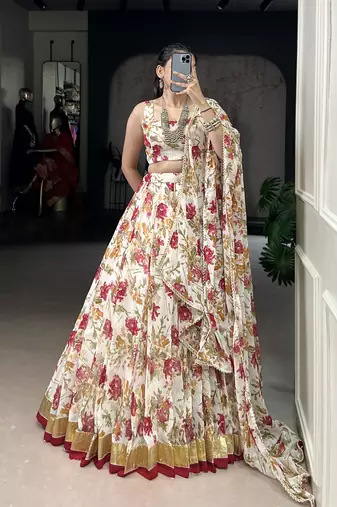 white printed chiffon ethnic lehenga choli with dupatta