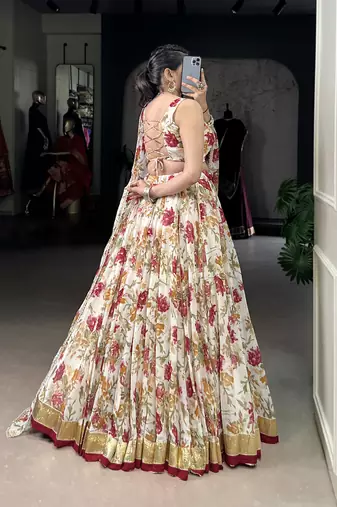 white printed chiffon ethnic lehenga choli with dupatta