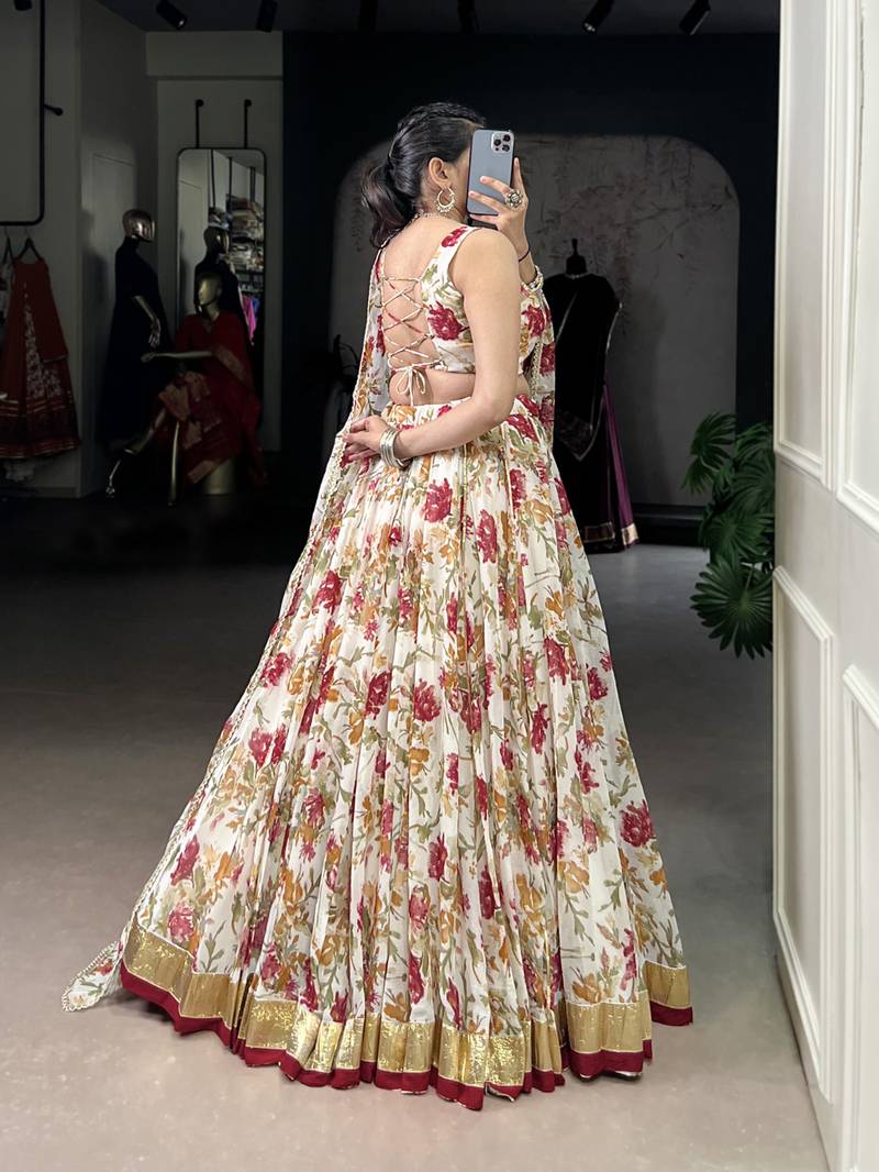 white printed chiffon ethnic lehenga choli with dupatta