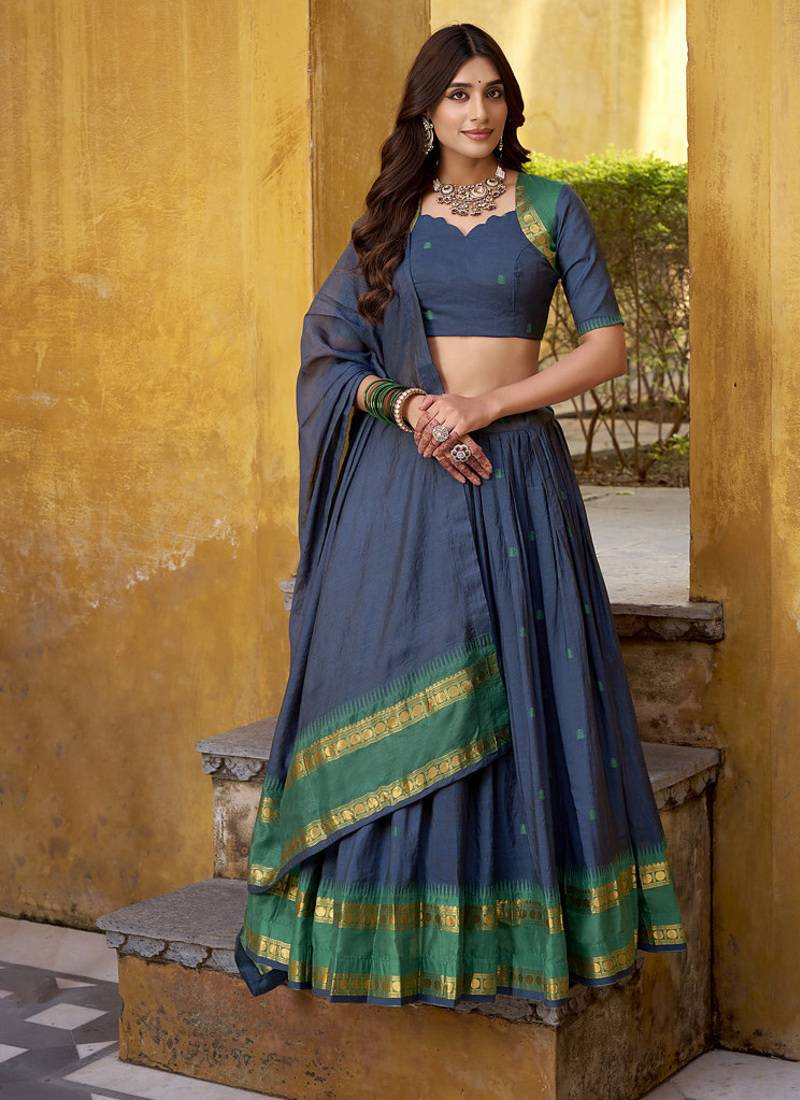 navy blue woven chanderi ethnic lehenga choli with dupatta