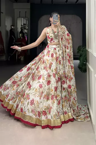 white printed chiffon ethnic lehenga choli with dupatta