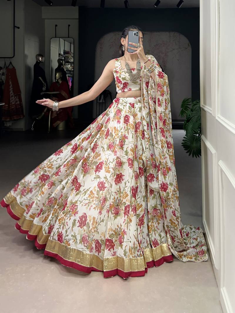 white printed chiffon ethnic lehenga choli with dupatta
