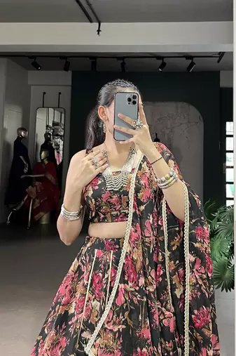 black printed chiffon ethnic lehenga choli with dupatta