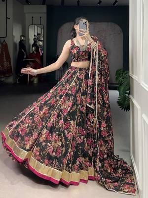 black printed chiffon ethnic lehenga choli with dupatta 1
