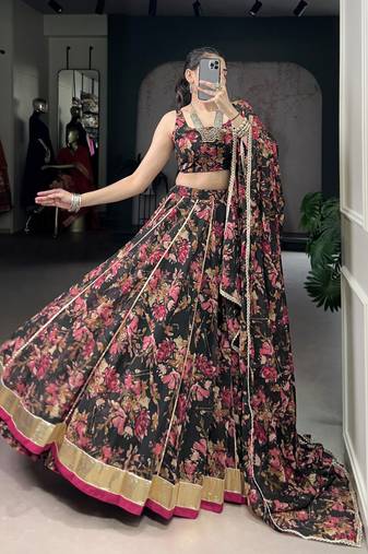 black printed chiffon ethnic lehenga choli with dupatta