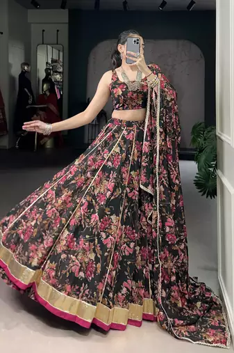 black printed chiffon ethnic lehenga choli with dupatta