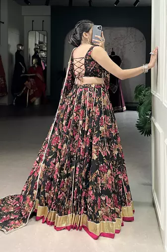 black printed chiffon ethnic lehenga choli with dupatta