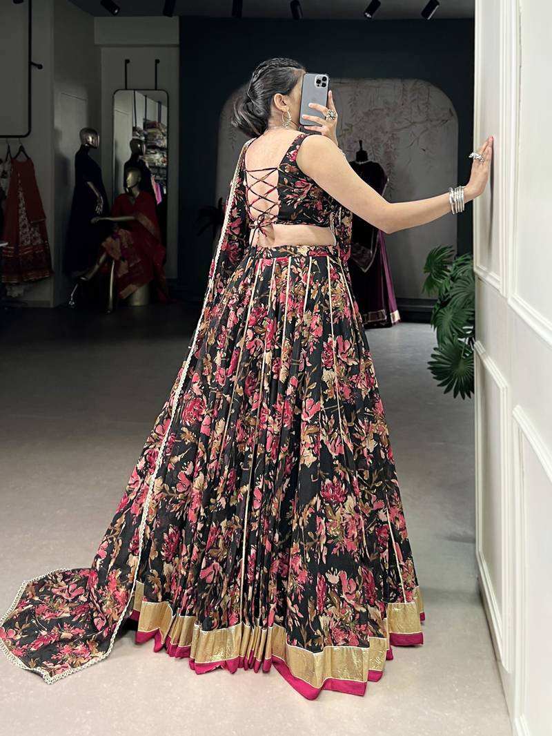 black printed chiffon ethnic lehenga choli with dupatta