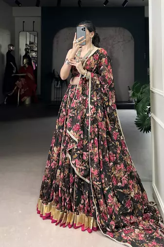 black printed chiffon ethnic lehenga choli with dupatta