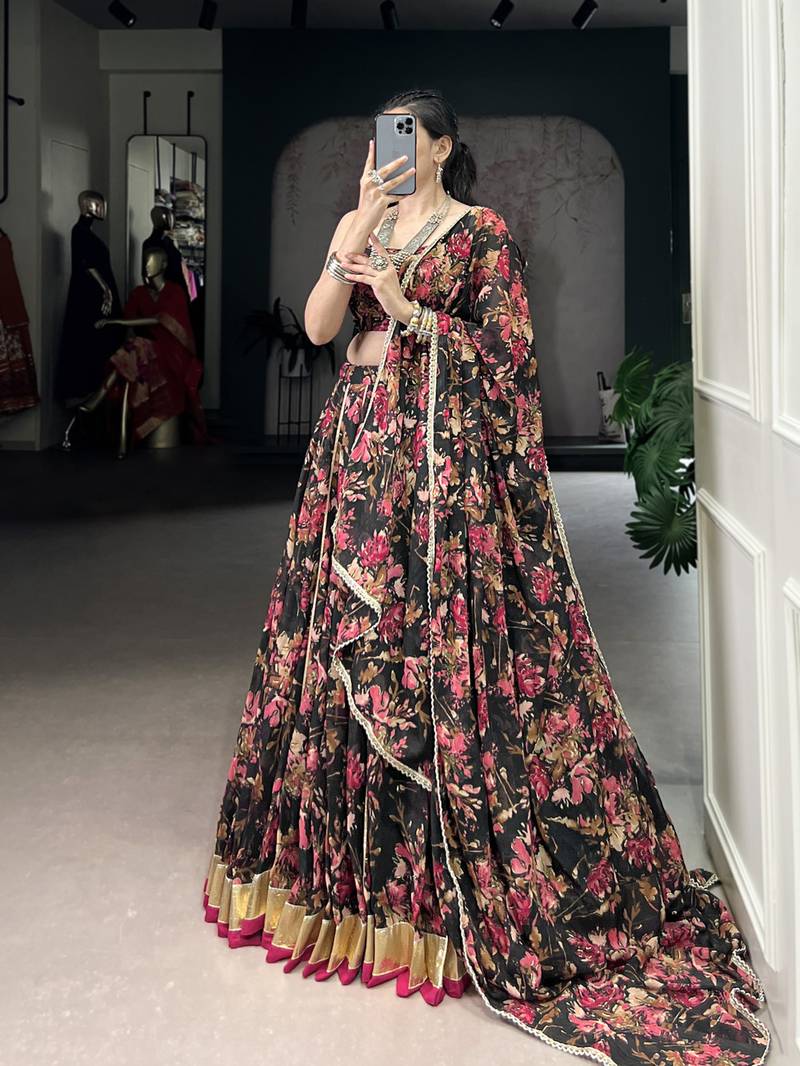 black printed chiffon ethnic lehenga choli with dupatta