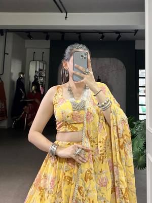 yellow printed chiffon ethnic lehenga choli with dupatta 2