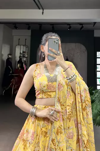 yellow printed chiffon ethnic lehenga choli with dupatta