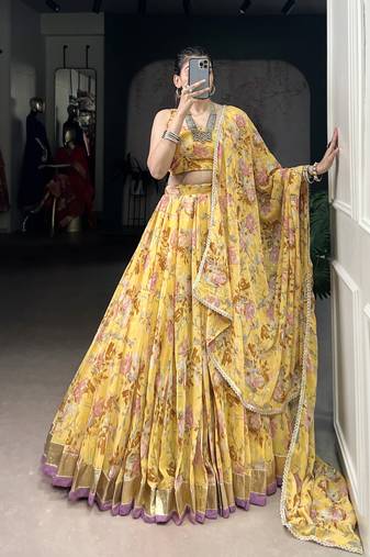 yellow printed chiffon ethnic lehenga choli with dupatta