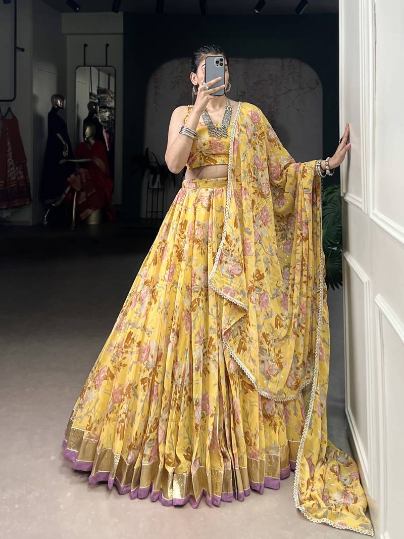 yellow printed chiffon ethnic lehenga choli with dupatta