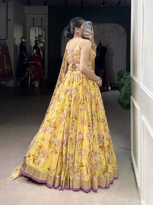 yellow printed chiffon ethnic lehenga choli with dupatta 3