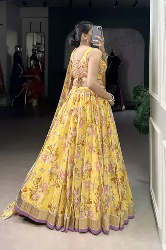 yellow printed chiffon ethnic lehenga choli with dupatta