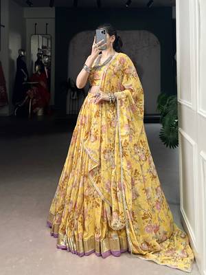 yellow printed chiffon ethnic lehenga choli with dupatta 4