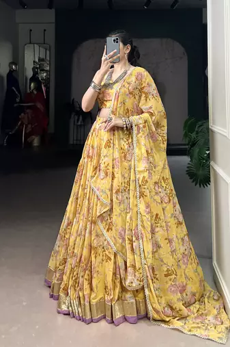 yellow printed chiffon ethnic lehenga choli with dupatta