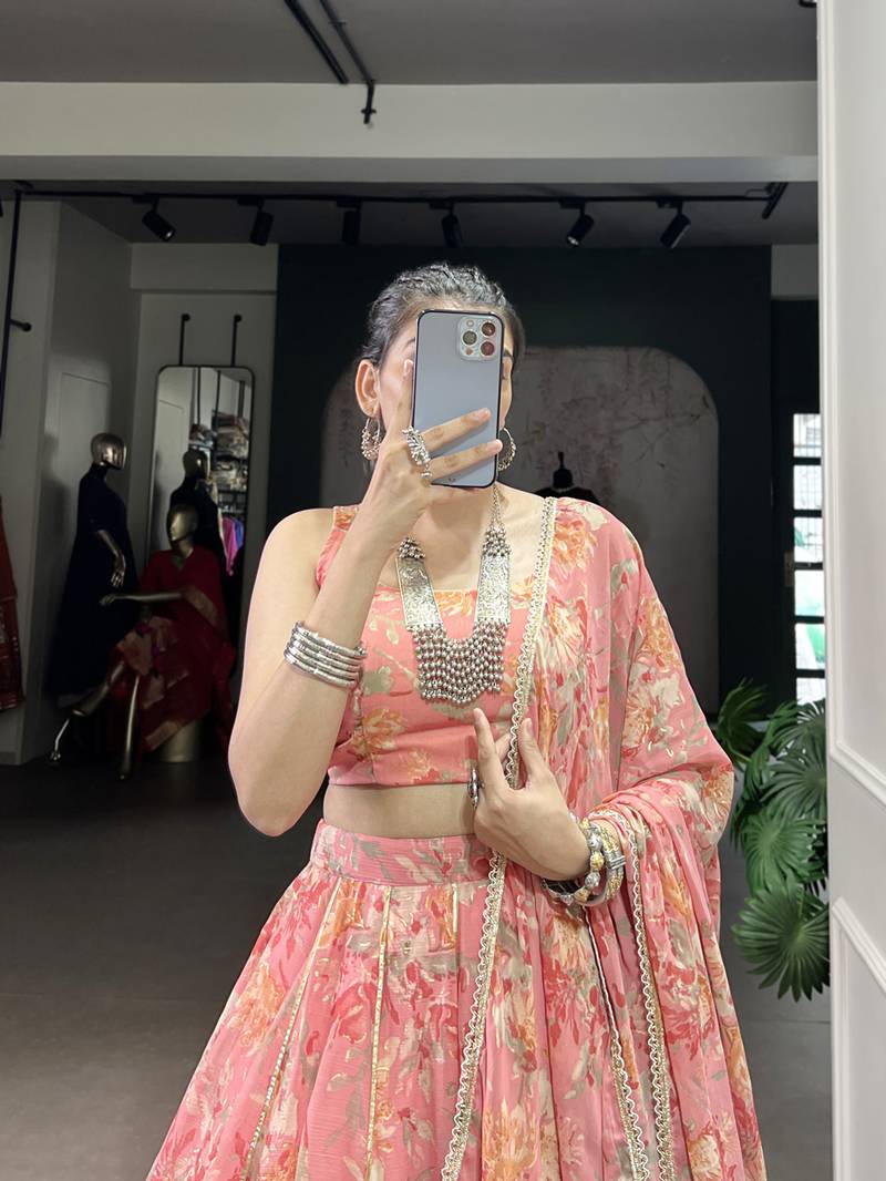 peach printed chiffon ethnic lehenga choli with dupatta