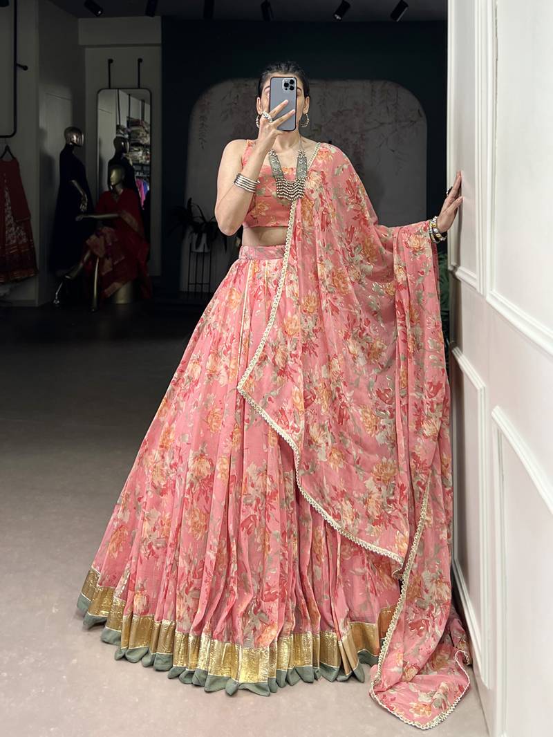 peach printed chiffon ethnic lehenga choli with dupatta