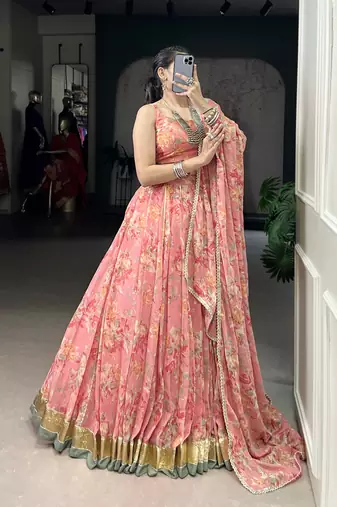peach printed chiffon ethnic lehenga choli with dupatta