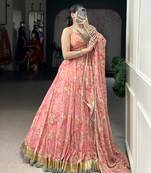peach printed chiffon ethnic lehenga choli with dupatta