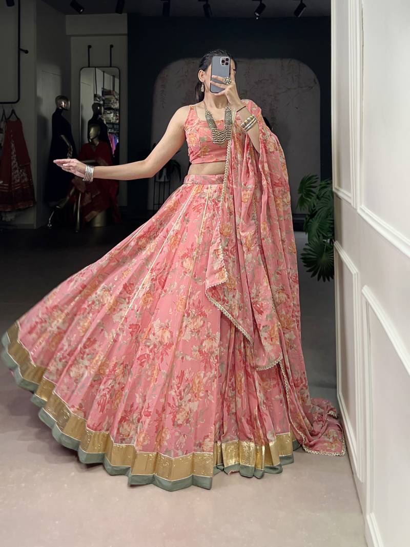 peach printed chiffon ethnic lehenga choli with dupatta