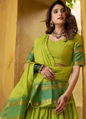 Green South Indian Half Saree Lehenga with Dupatta     Festive Traditional Wear for Women 3