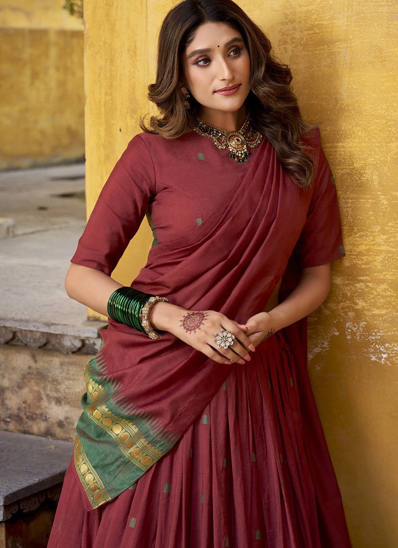 maroon woven chanderi ethnic lehenga choli with dupatta