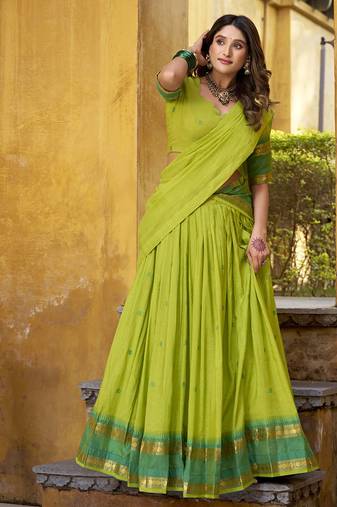 Green South Indian Half Saree Lehenga with Dupatta – Festive Traditional Wear for Women