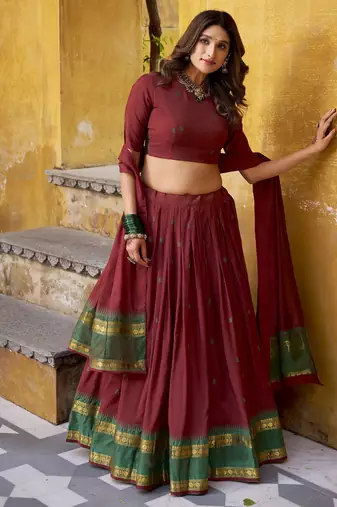 maroon woven chanderi ethnic lehenga choli with dupatta