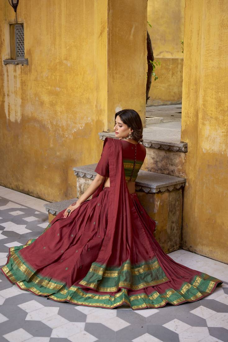 maroon woven chanderi ethnic lehenga choli with dupatta