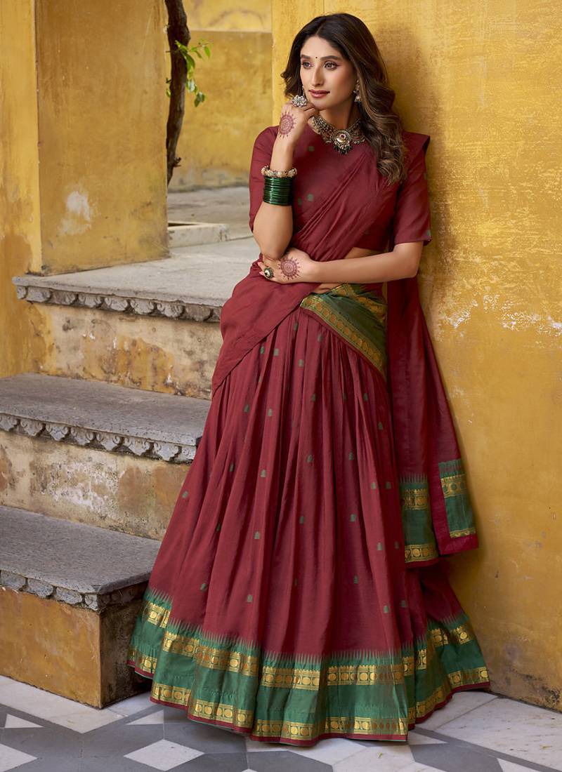 maroon woven chanderi ethnic lehenga choli with dupatta