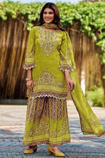 Lemon green printed with handwork natural crepe ethnic kurti set with plazzo