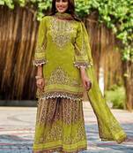 Lemon green printed with handwork natural crepe ethnic kurti set with plazzo