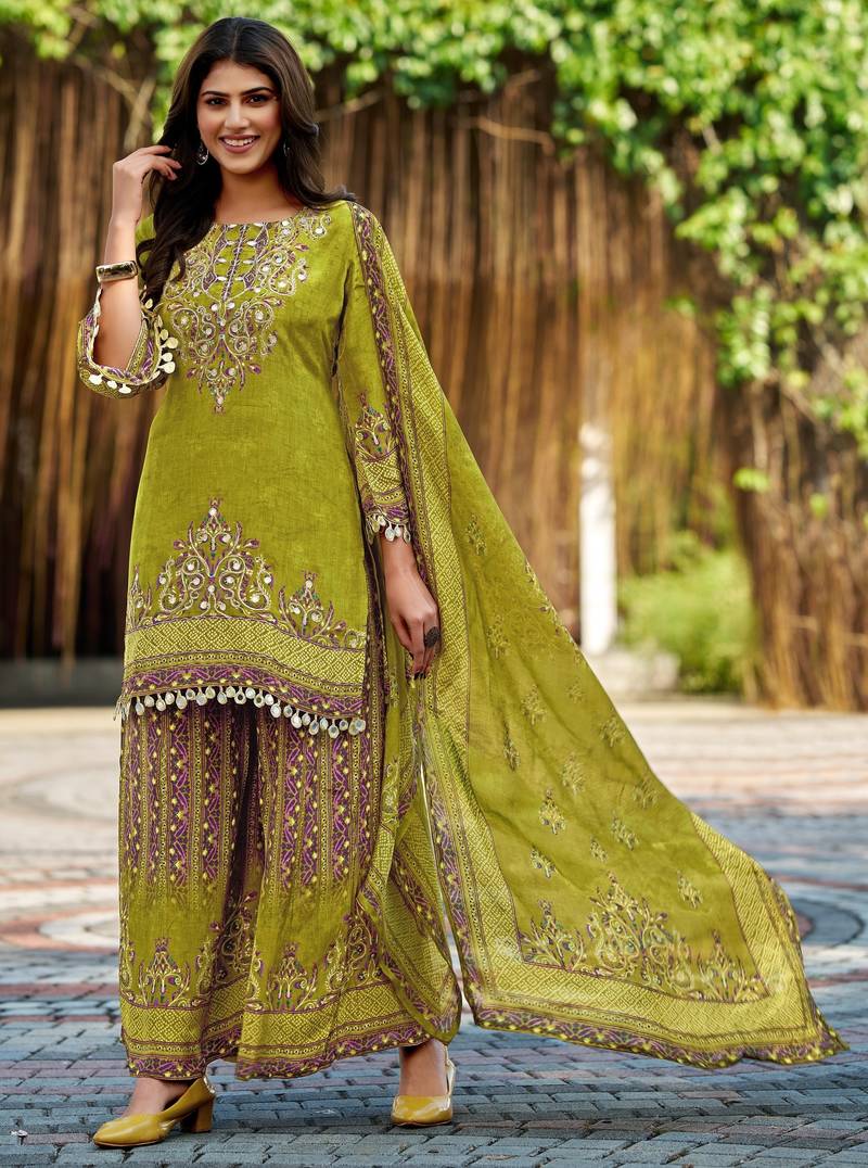 Lemon green printed with handwork natural crepe ethnic kurti set with plazzo