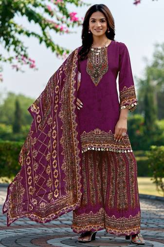 Purple printed with handwork natural crepe ethnic kurti set with palazzo