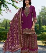 Purple printed with handwork natural crepe ethnic kurti set with palazzo