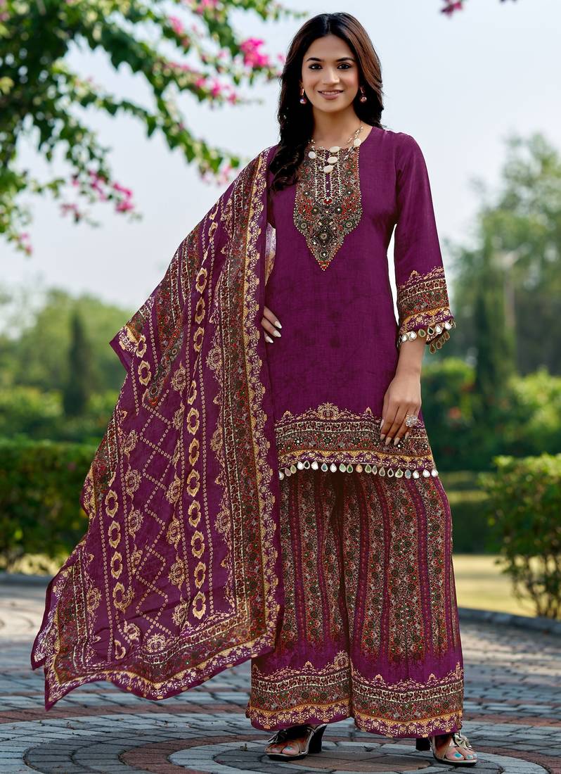 Purple printed with handwork natural crepe ethnic kurti set with palazzo