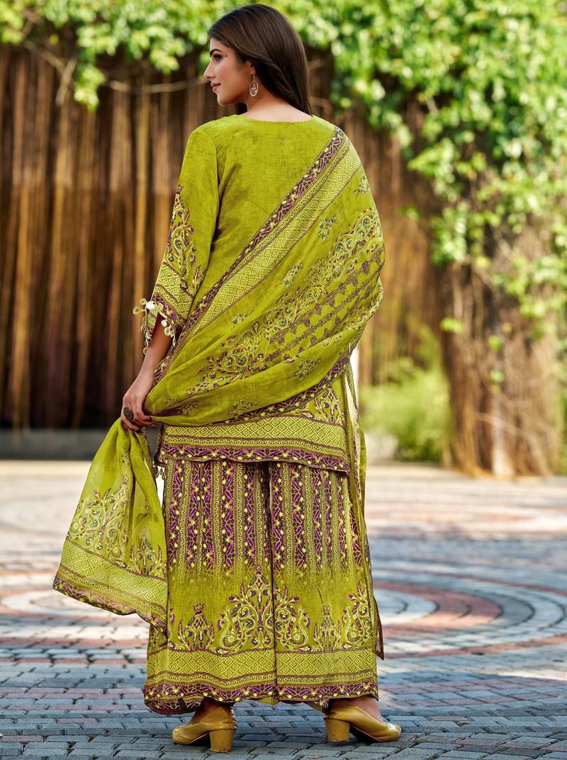 Lemon green printed with handwork natural crepe ethnic kurti set with plazzo