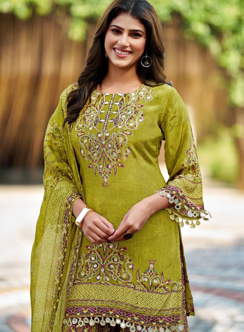 Lemon green printed with handwork natural crepe ethnic kurti set with plazzo