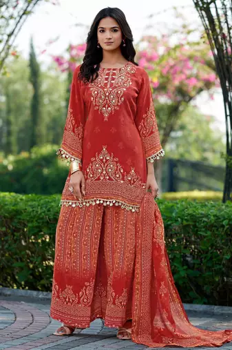Rust printed with handwork natural crepe ethnic kurti set with plazzo