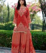 Rust printed with handwork natural crepe ethnic kurti set with plazzo