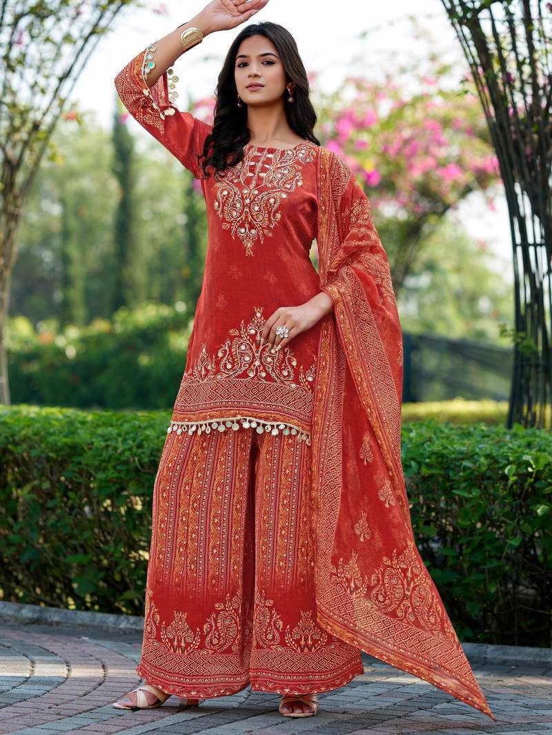 Rust printed with handwork natural crepe ethnic kurti set with plazzo