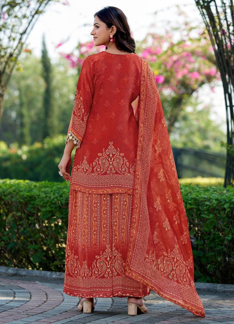 Rust printed with handwork natural crepe ethnic kurti set with plazzo